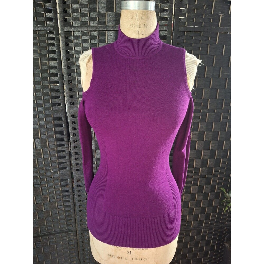 Cache Cold Shoulder Mock Neck Sweater Ribbed Pullover Small Purple Goth Y2K